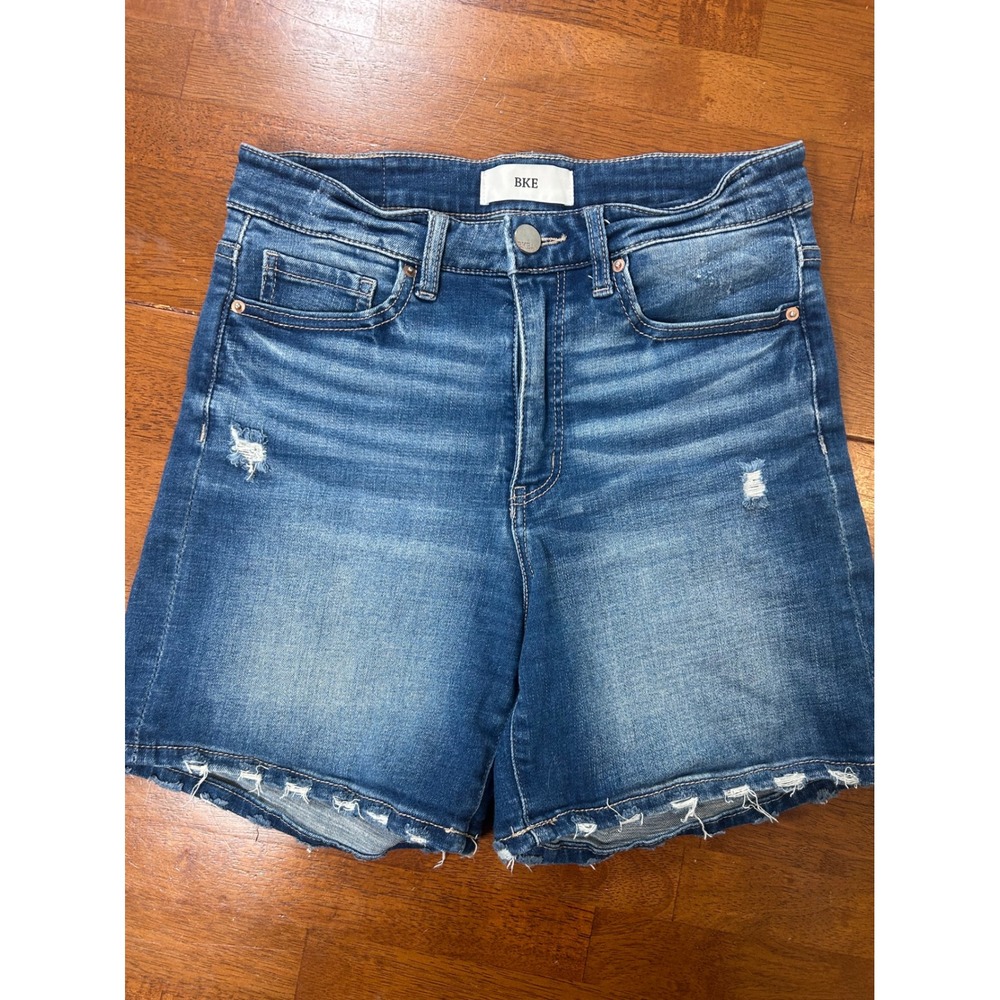 BKE Parker Denim Shorts Womens 26 Blue Distressed Raw Hem High Rise Stretch